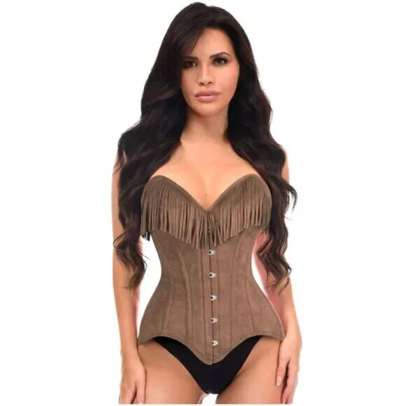 Tan Suede Steel Boned Overbust Corset w/Fringe